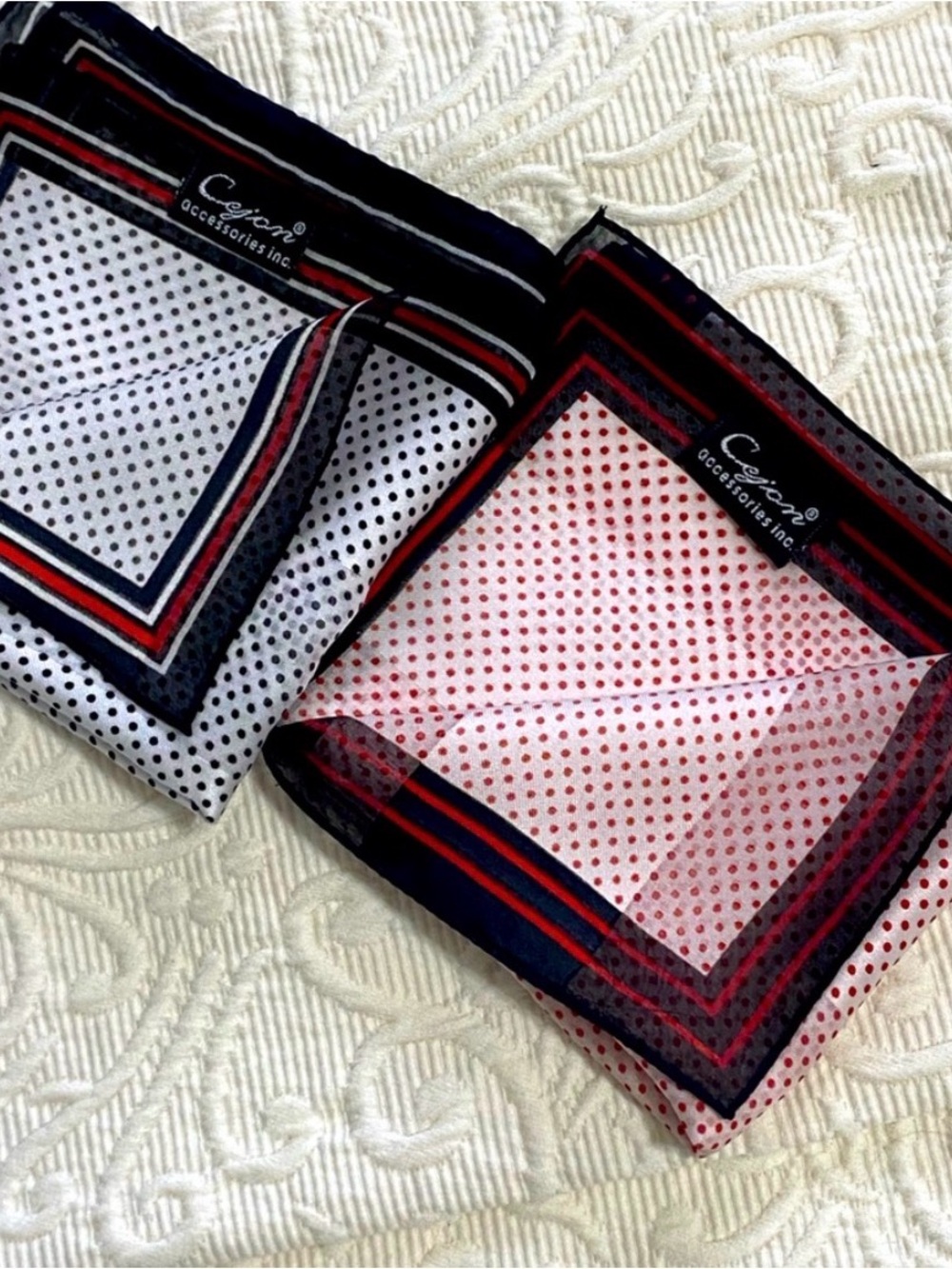 Cejon Polka Dot Sheer Scarves in White and Red with Black Trim